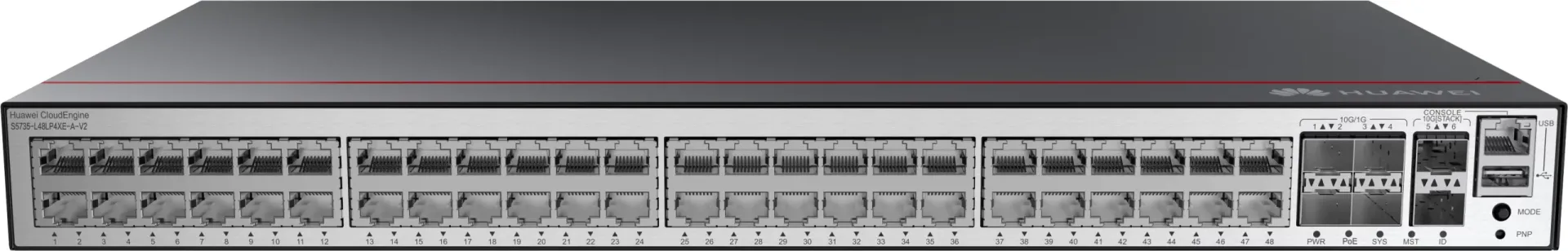 Huawei S5735-L48LPN4XE-A-V2 (48*10/100/1000/2.5GBASE-T ports(PoE+), 4*10GE SFP+ ports, 2*12GE stack ports, 360W PoE, built-in AC power)
