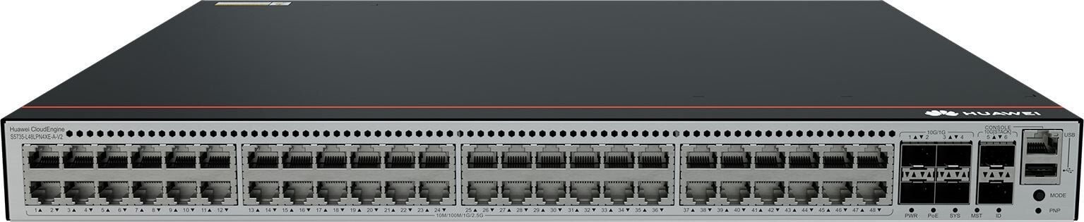 Huawei S5735-L48LPN4XE-A-V2 (48*10/100/1000/2.5GBASE-T ports(PoE+), 4*10GE SFP+ ports, 2*12GE stack ports, 360W PoE, built-in AC power)