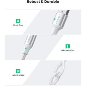 UGREEN TYPE-C TO USB-A 3A QC ÖRGÜLÜ HIZLI ŞARJ KABLOSU 2 MT GÜMÜŞ BEYAZI 60133